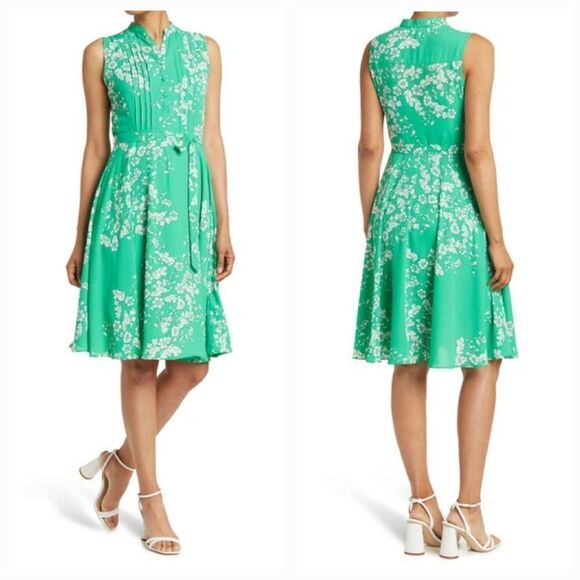 🔸️Nanette Lapore Green Lyst Floral Print Pintuck Sleeveless Dress Size 10 - Picture 1 of 14
